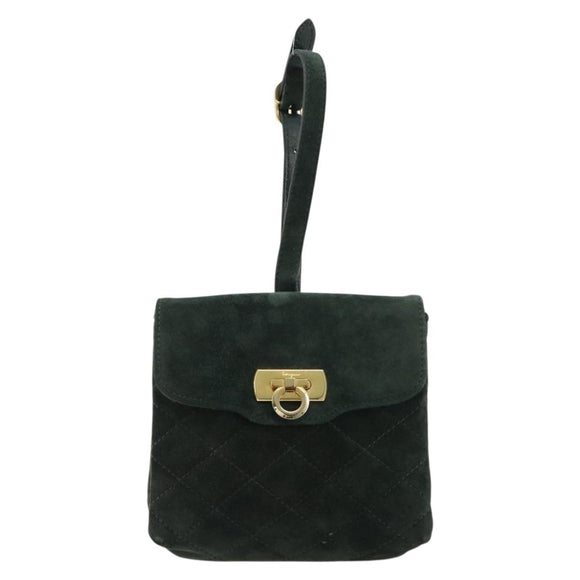 Salvatore Ferragamo Gancini Hand Bag Suede Green Gold Auth 182928