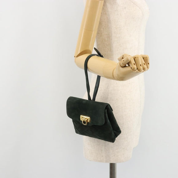 Salvatore Ferragamo Gancini Hand Bag Suede Green Gold Auth 182928