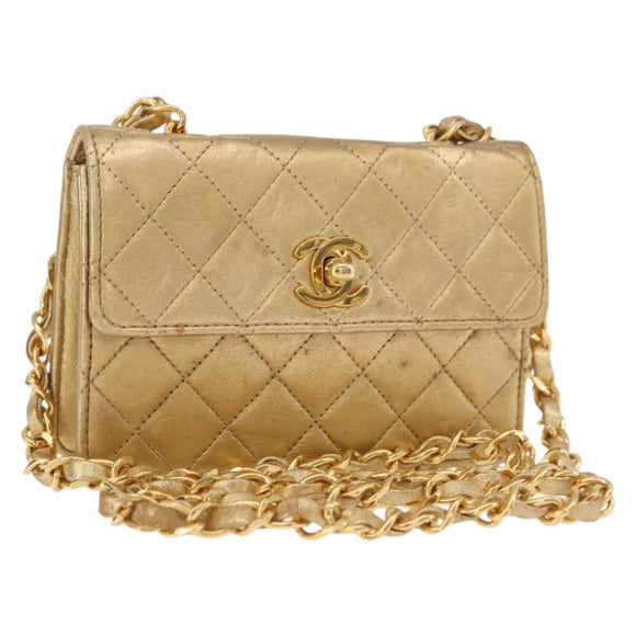 CHANEL Matelasse Chain Shoulder Bag Lamb Skin Gold CC Auth 182936M