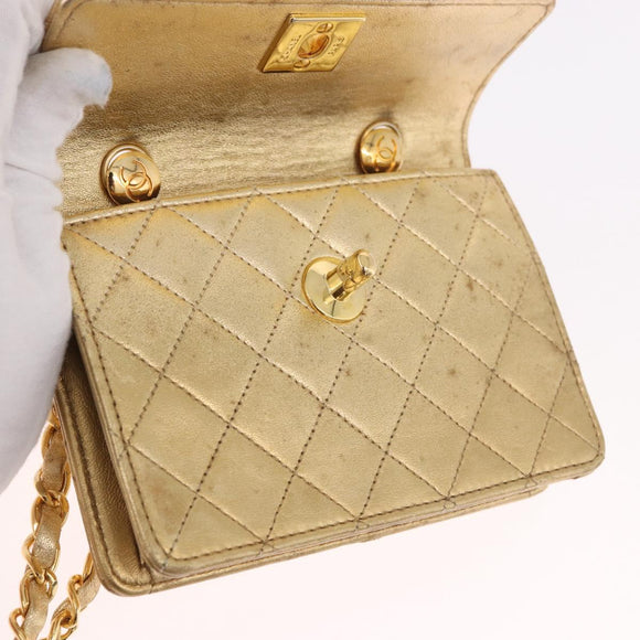 CHANEL Matelasse Chain Shoulder Bag Lamb Skin Gold CC Auth 182936M