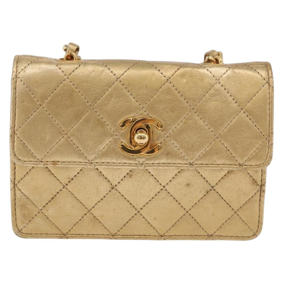 CHANEL Matelasse Chain Shoulder Bag Lamb Skin Gold CC Auth 182936M
