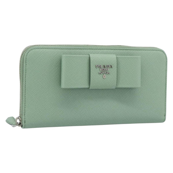 PRADA Ribbon Long Wallet Saffiano leather Green Silver Auth 182941SAM