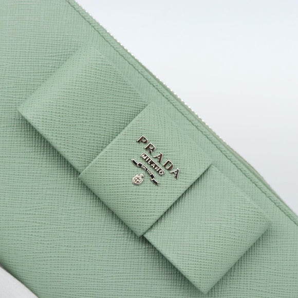 PRADA Ribbon Long Wallet Saffiano leather Green Silver Auth 182941SAM