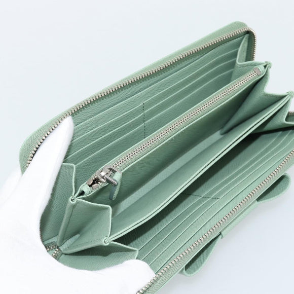 PRADA Ribbon Long Wallet Saffiano leather Green Silver Auth 182941SAM