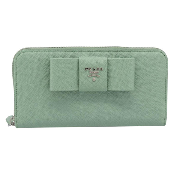 PRADA Ribbon Long Wallet Saffiano leather Green Silver Auth 182941SAM