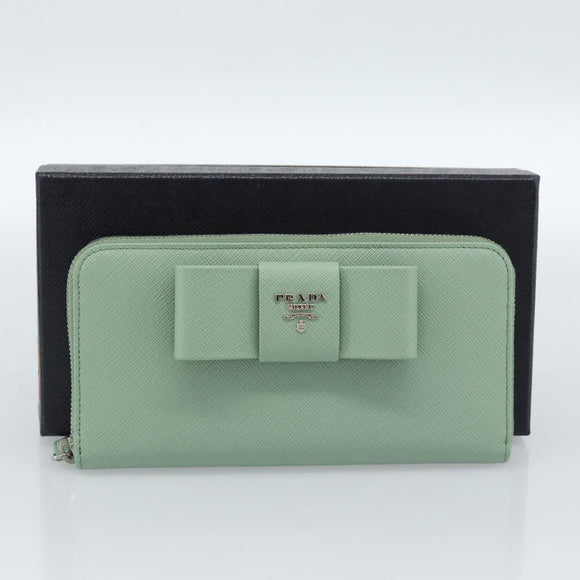 PRADA Ribbon Long Wallet Saffiano leather Green Silver Auth 182941SAM
