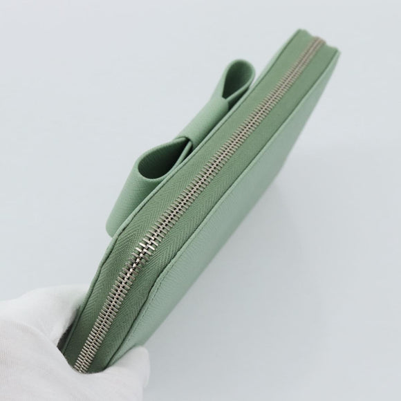 PRADA Ribbon Long Wallet Saffiano leather Green Silver Auth 182941SAM