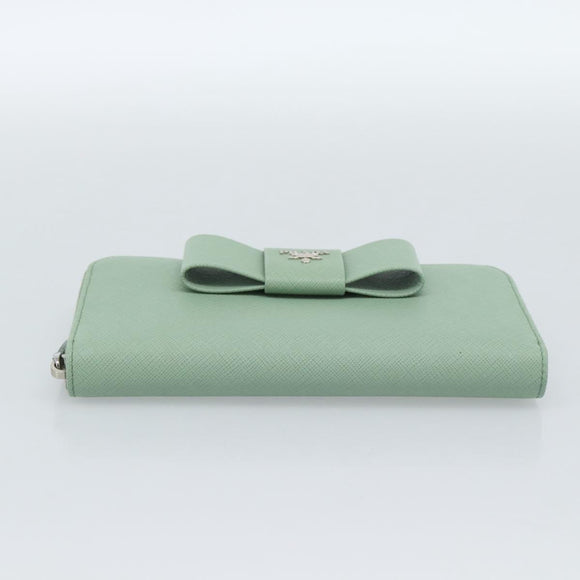 PRADA Ribbon Long Wallet Saffiano leather Green Silver Auth 182941SAM