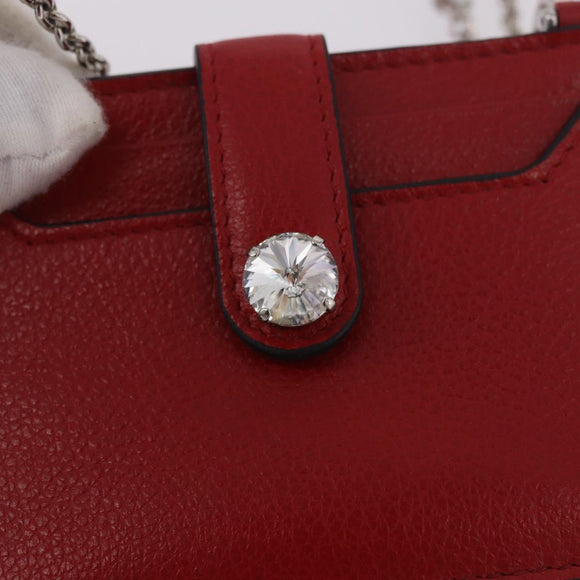 Miu Miu Chain Shoulder Card Case Leather Red Silver Auth 182957SM