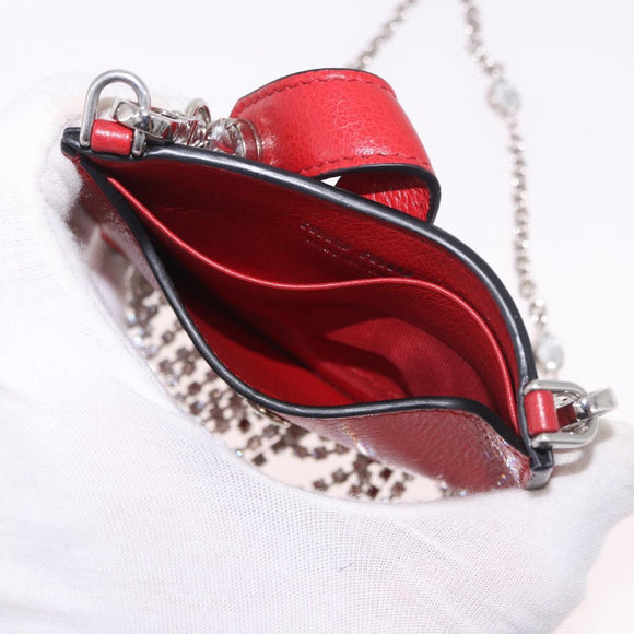 Miu Miu Chain Shoulder Card Case Leather Red Silver Auth 182957SM