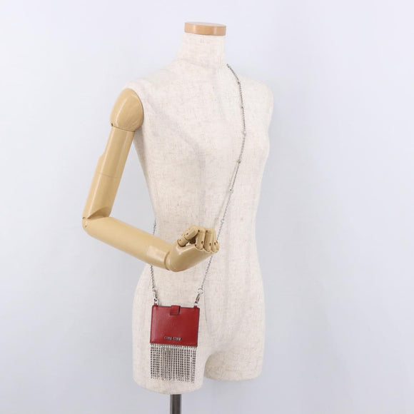 Miu Miu Chain Shoulder Card Case Leather Red Silver Auth 182957SM