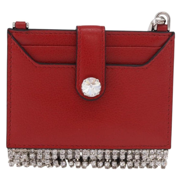 Miu Miu Chain Shoulder Card Case Leather Red Silver Auth 182957SM