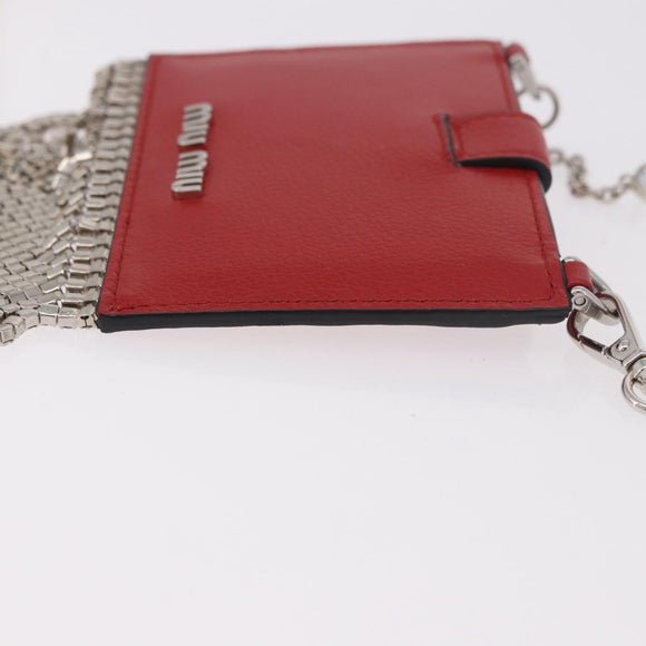 Miu Miu Chain Shoulder Card Case Leather Red Silver Auth 182957SM