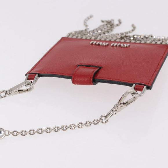 Miu Miu Chain Shoulder Card Case Leather Red Silver Auth 182957SM
