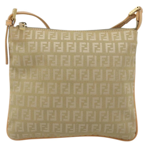 FENDI Zucchino Canvas Shoulder Bag Beige Gold Auth 182966A