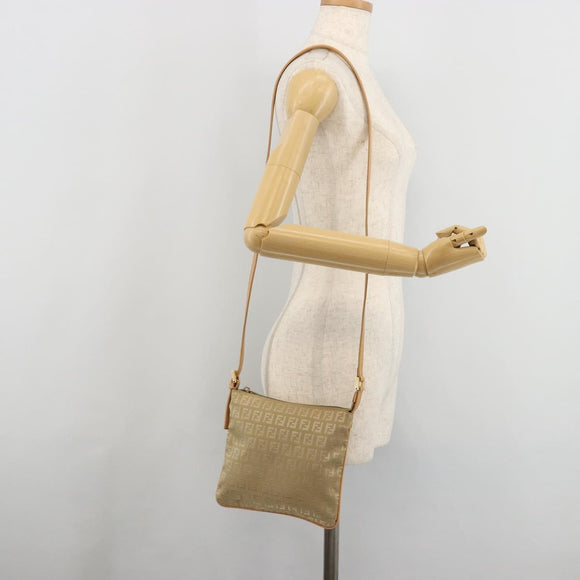 FENDI Zucchino Canvas Shoulder Bag Beige Gold Auth 182966A