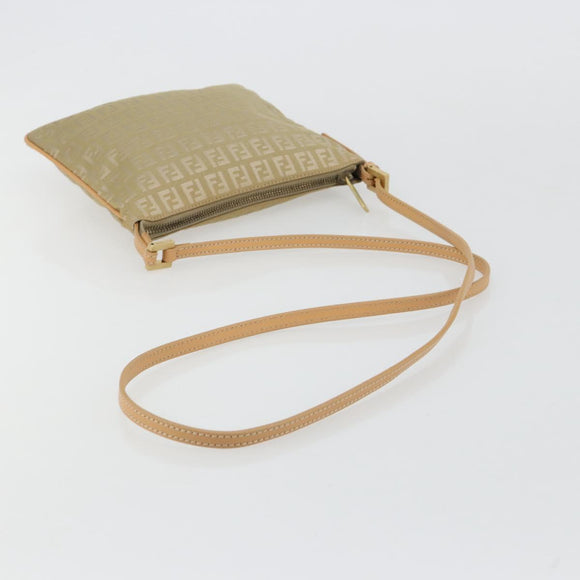 FENDI Zucchino Canvas Shoulder Bag Beige Gold Auth 182966A