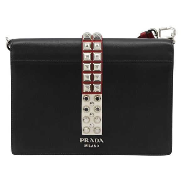 PRADA Electra Studs Shoulder Bag Leather Black Silver Auth 182970V