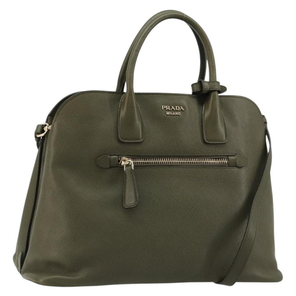 PRADA Cuir Open Promenade Satchel Bag Saffiano 2way Khaki Gold Auth 182976A