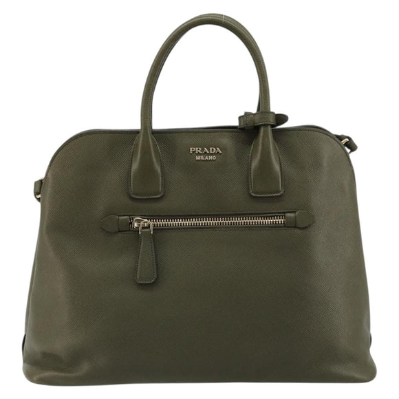 PRADA Cuir Open Promenade Satchel Bag Saffiano 2way Khaki Gold Auth 182976A