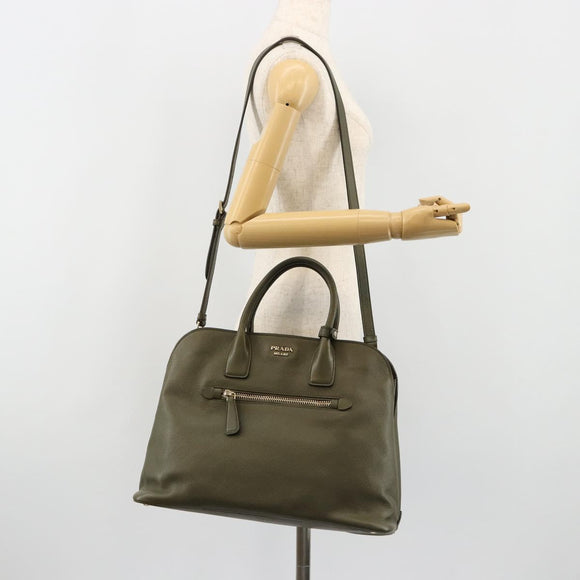 PRADA Cuir Open Promenade Satchel Bag Saffiano 2way Khaki Gold Auth 182976A