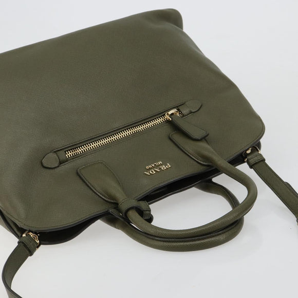 PRADA Cuir Open Promenade Satchel Bag Saffiano 2way Khaki Gold Auth 182976A