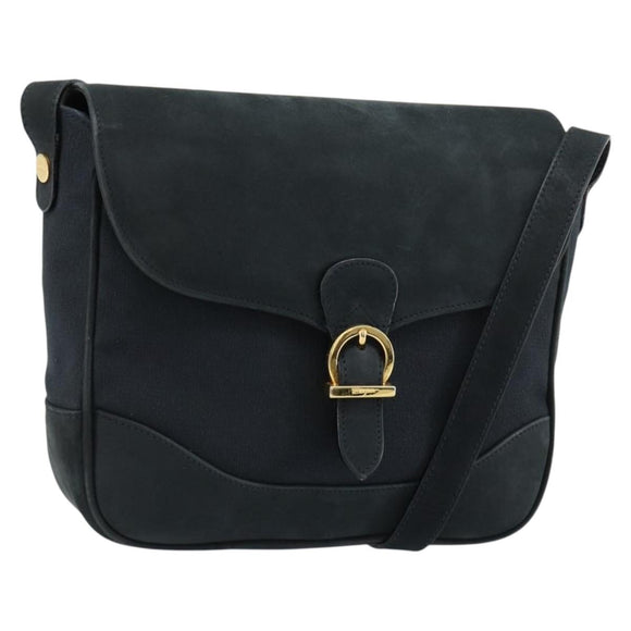 Salvatore Ferragamo Gancini Shoulder Bag Suede Navy Gold Auth 182997