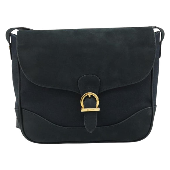 Salvatore Ferragamo Gancini Shoulder Bag Suede Navy Gold Auth 182997