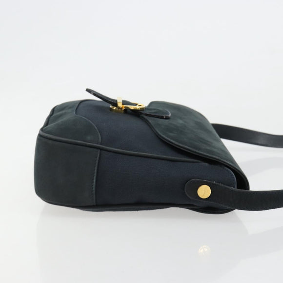 Salvatore Ferragamo Gancini Shoulder Bag Suede Navy Gold Auth 182997