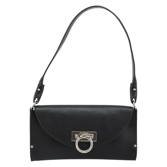 Salvatore Ferragamo Gancini Shoulder Bag Leather Black Silver Auth 182998A