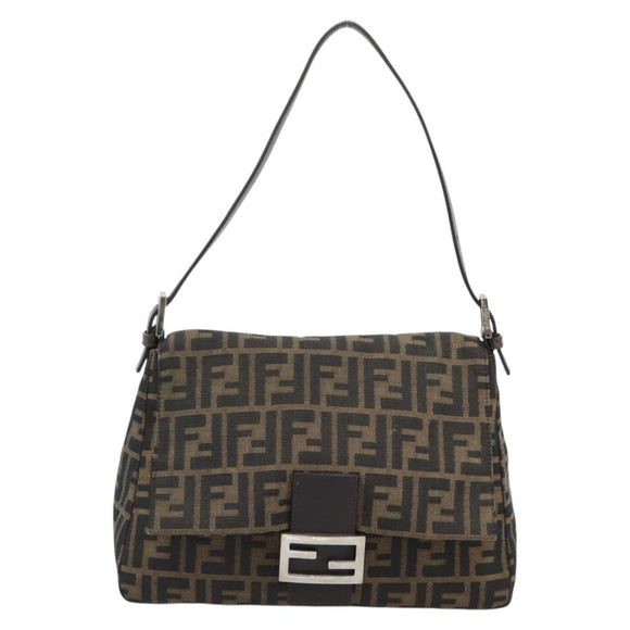 FENDI Zucca Canvas Mamma Baguette Shoulder Bag Black Brown Auth 183009M