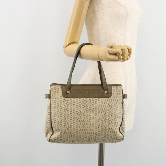 CELINE C Macadam Canvas Hand Bag Leather Beige Silver Auth 183014