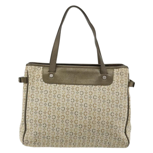 CELINE C Macadam Canvas Hand Bag Leather Beige Silver Auth 183014