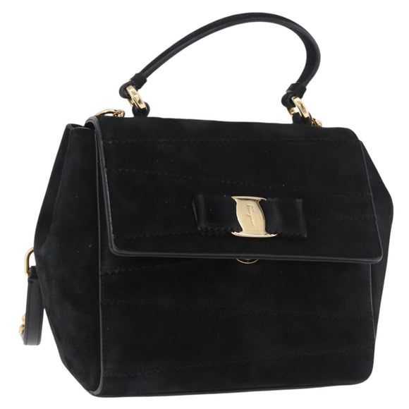 Salvatore Ferragamo Vala Chain Shoulder Bag Suede 2way Black Gold Auth 183018A