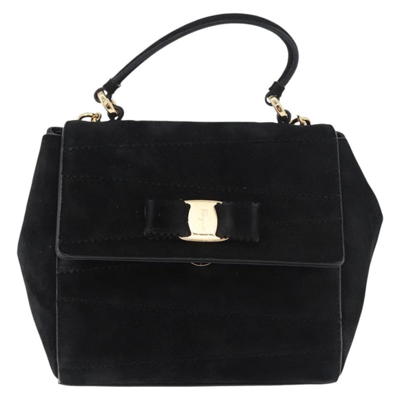 Salvatore Ferragamo Vala Chain Shoulder Bag Suede 2way Black Gold Auth 183018A