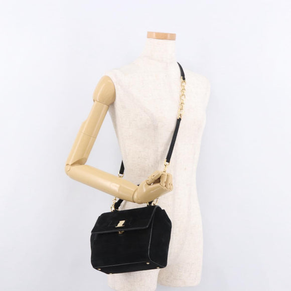 Salvatore Ferragamo Vala Chain Shoulder Bag Suede 2way Black Gold Auth 183018A
