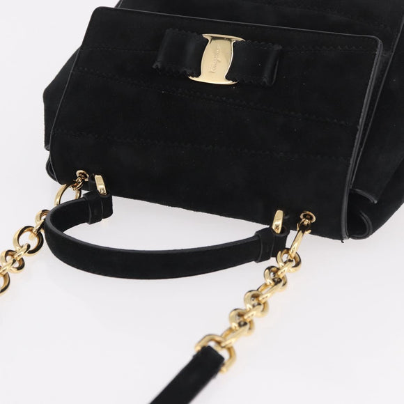 Salvatore Ferragamo Vala Chain Shoulder Bag Suede 2way Black Gold Auth 183018A
