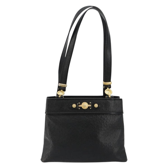 Gianni Versace Shoulder Bag Leather Embossed Black Gold Auth 183020