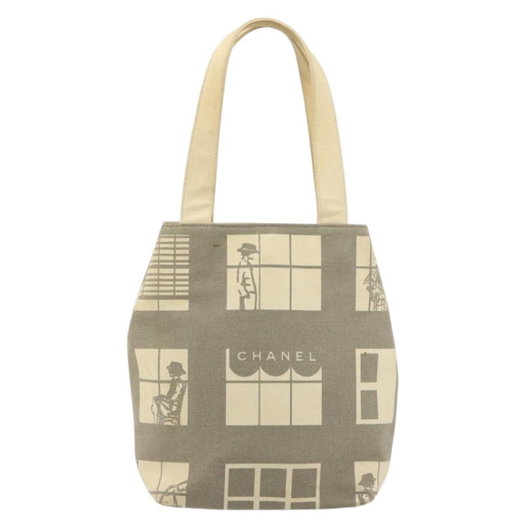 CHANEL Window Line Tote Bag Canvas Beige Gold CC Auth 183024