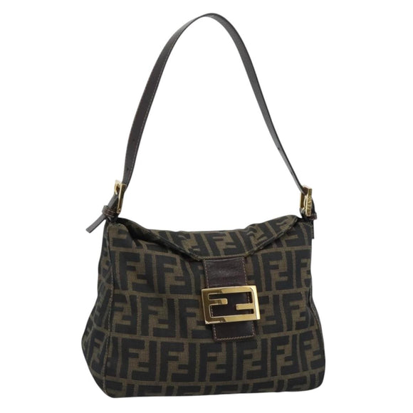 FENDI Zucca Canvas Mamma Baguette Schoudertas Zwart Bruin Auth 183031V