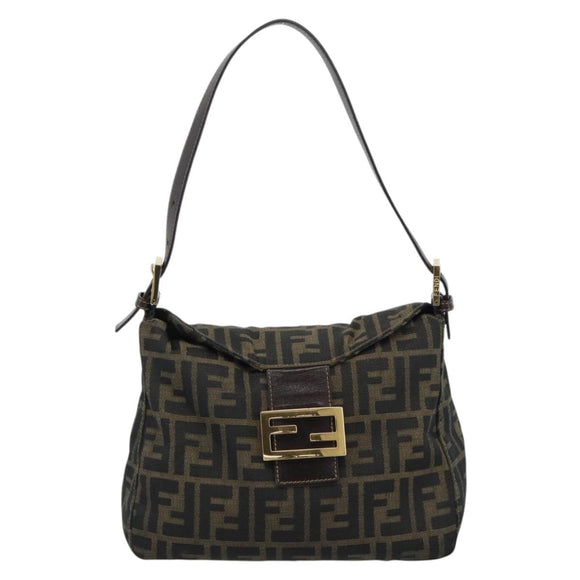 FENDI Zucca Canvas Mamma Baguette Schoudertas Zwart Bruin Auth 183031V