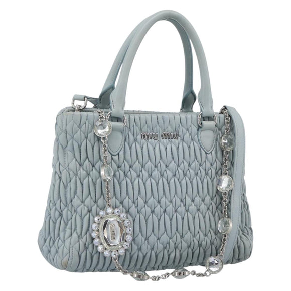 Miu Miu Matelasse Chain Shoulder Bag Leather 2way Silver Light Blue Auth 183039A