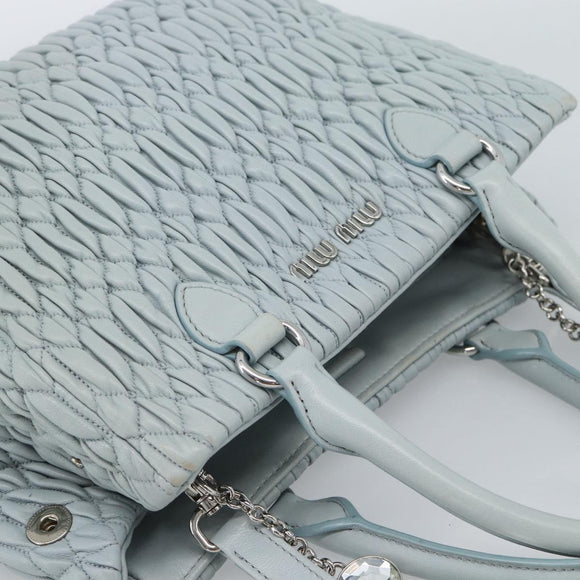 Miu Miu Matelasse Chain Shoulder Bag Leather 2way Silver Light Blue Auth 183039A