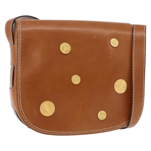 CELINE Medal Shoulder Bag Leather Brown Gold Auth 183053A