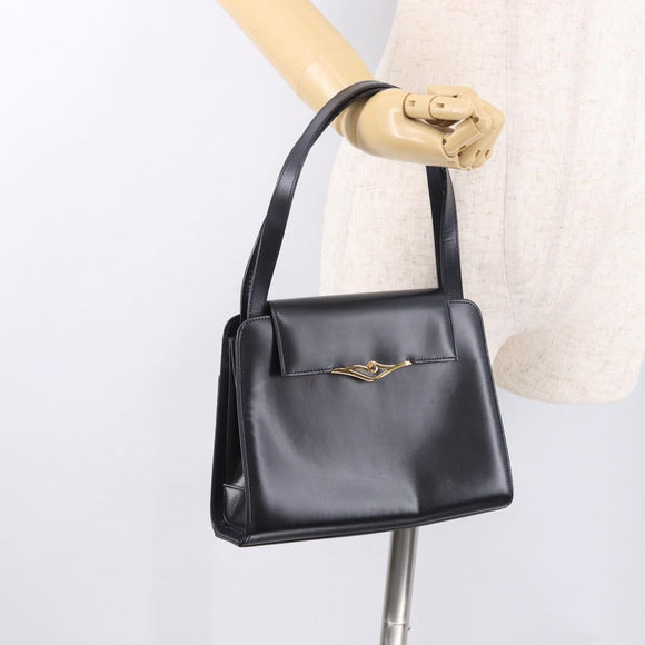CARTIER Hand Bag Leather Black Gold Auth 183066A