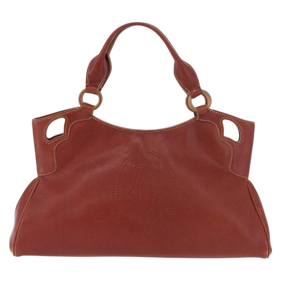 CARTIER Hand Bag Leather Brown Gold Auth 183074A