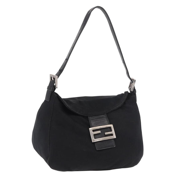 FENDI Mamma Baguette Umhängetasche Baumwoll-Jersey Schwarz Silber Auth 183088
