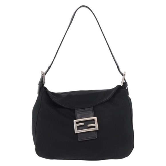 FENDI Mamma Baguette Umhängetasche Baumwoll-Jersey Schwarz Silber Auth 183088