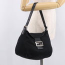 FENDI Mamma Baguette Umhängetasche Baumwoll-Jersey Schwarz Silber Auth 183088-25