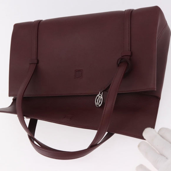 CARTIER Hand Bag Leather Bordeaux Silver Auth 183107V